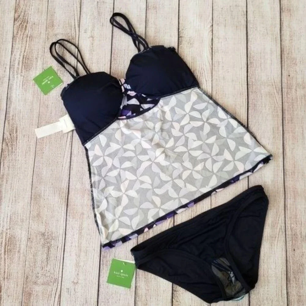 Kate Spade Spinner Cutout Tankini Swim Set Rich Navy Purple Women's Size Small